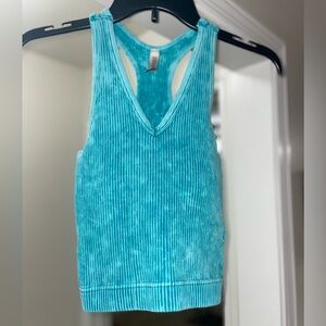 Zenana Ribbed Racerback cropped Tank Top Teal V-Neck Size S/M